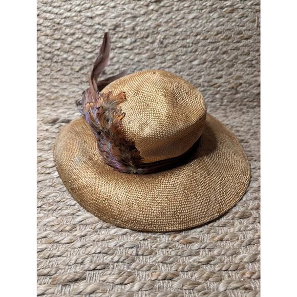 Women\'s Vintage Miss Bierner Straw Fedora Hat Brown Pheasant Feathers NWT! main image 4